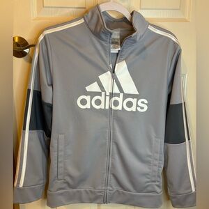 Adidas teen boy zip up track jacket. Grey with white stripes.